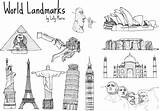 Landmark Hand Drawn Wonders Vectors Landmarks Sketch Vector Buildings Famous Coloring Template sketch template