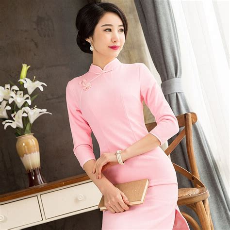 winter women long cheongsam pink female chinese traditional dress for
