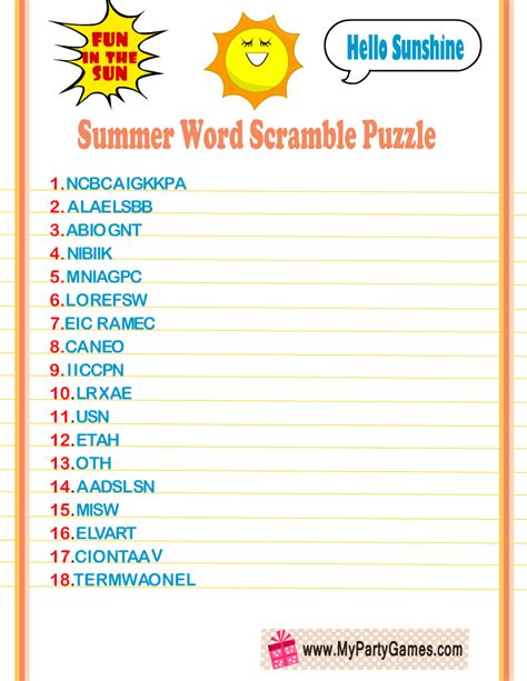 printable summer word scramble puzzles
