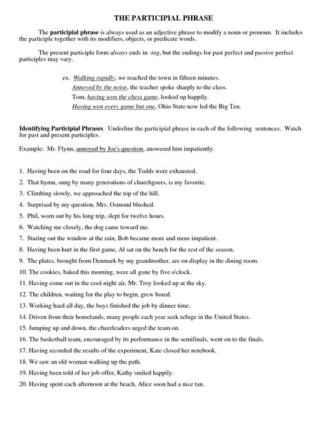 images  participle phrase worksheets  answers gerund