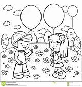 Coloring Park Playing Children Balloons Book Clip Vector Kids Pages Boy Girl Illustration Illustrations Preview Similar sketch template