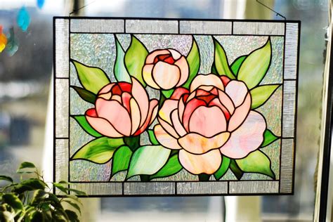stained glass panel peony stained glass window hanging pink etsy