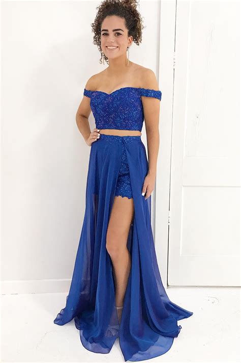 royal blue beaded prom dress with detachable skirt sexy two piece prom dresses fp049