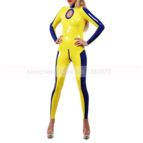 rubber latex sexy bodysuit yellow and blue women tight catsuit zentai