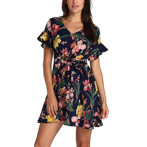 Buy Yuxikong Mini Dress Womens Short Sleeve Floral Print V Neck Party