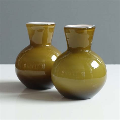 9 078 Ekenas Glasbruk Olive Green Cased Glass Bud Vase Trio