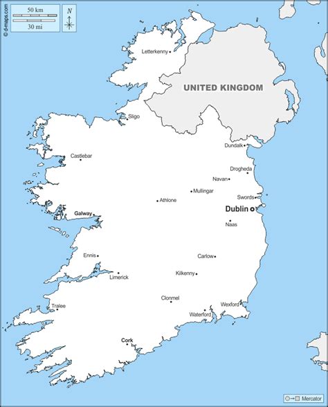 ireland  map  blank map  outline map  base map boundaries main cities names