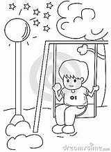 Swing Coloring Boy Park Cartoon Illustration Drawn Hand Swinging Trees sketch template