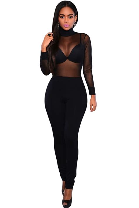 women sexy long sleeve black mesh jumpsuit online store