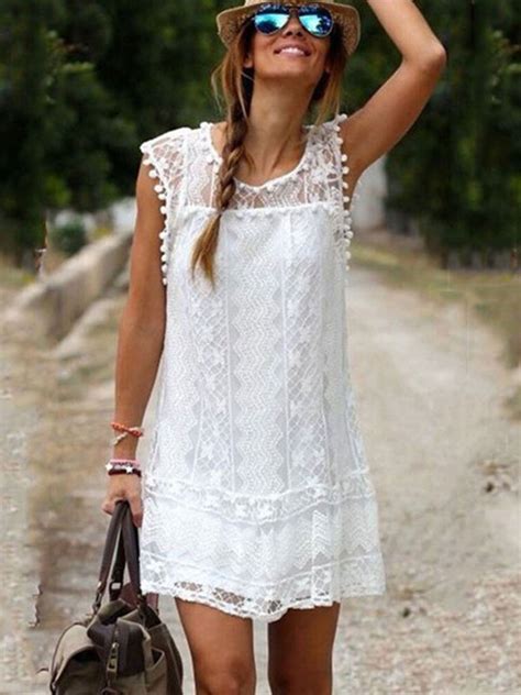 White Summer Dress Lace Sheer Sleeveless Mini Dress For