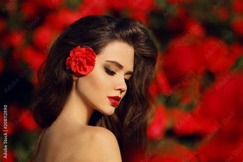 Outdoors Portrait Of Natural Beauty Woman In Red Roses Sensual Female