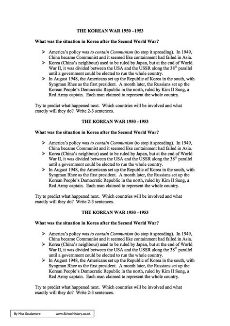 The Korean War 1950 1953 Facts And Information Worksheet Gcse