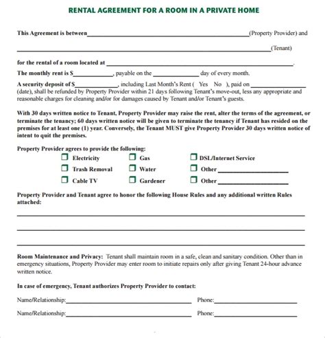 sample room lease agreement templates   ms word