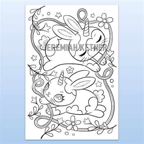 spring unicorn bunnies coloring page instant  etsy
