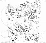 Farm Outline Coloring Girl Feeding Geese Illustration Clip Royalty Clipart Bannykh Alex sketch template
