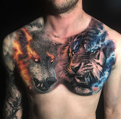 tiger vs wolf chest best tattoo design ideas