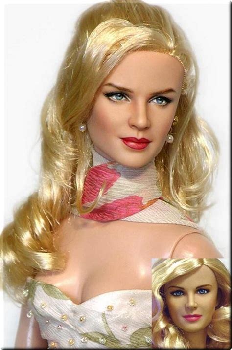 a barbie doll with blonde hair wearing a white dress and red lipstick