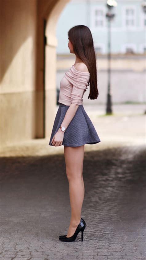 Pink Top Gray Mini Skirt And Black High Heels Fashion Tights