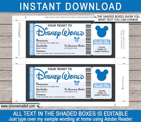 disney world ticket printable personalized template gift etsy