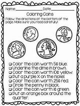 Coins Worksheet Identifying Worksheets Values Activities Coin Directions Money Math Pennies Coloring Quarters Dimes Following Nickels Kindergarten Students Practice Including sketch template