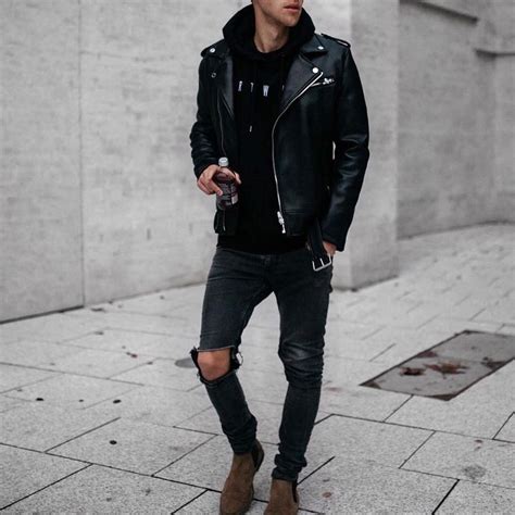 pin  dark aesthetic    wear leather jacket outfit men men fashion casual outfits