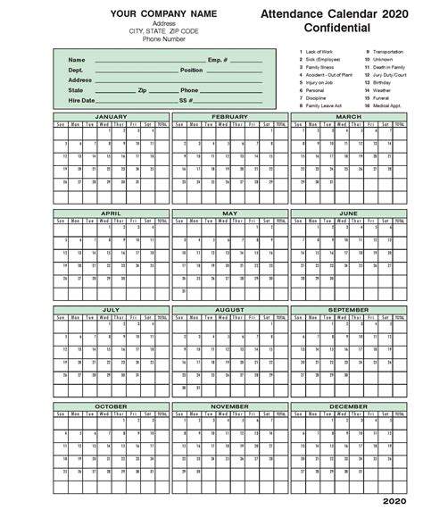 printable  employee attendance calendar    word