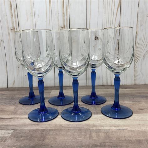 6 Libbey Crystal Blue Glass Stem Wine Glasses 10 Oz Clear Etsy