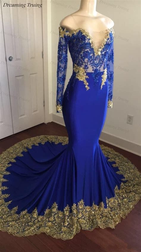 african royal blue mermaid prom dresses with gold appliques sparkling