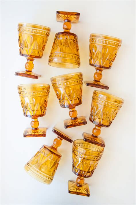 Vintage Amber Glassware Set Of 8 Etsy