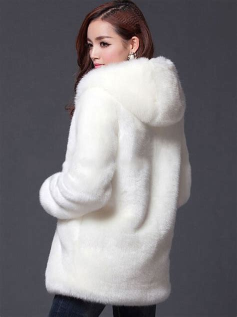 faux fur coat women white long sleeve hooded winter overcoat milanoocom