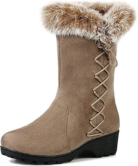 Womens Winter Fur Snow Ankle Boots Low Wedge Heel Slip On Wide Calf