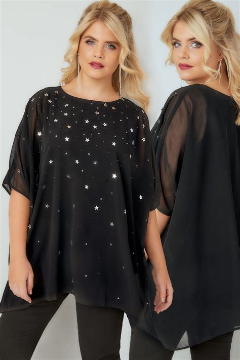 black woven cape blouse with star and sequin embellishment