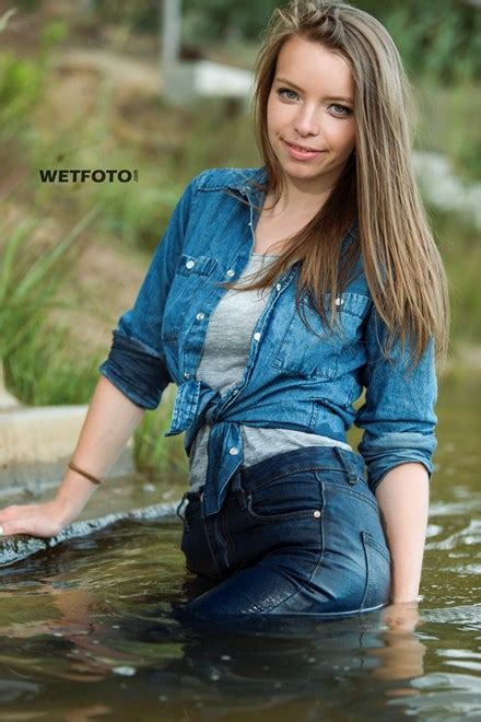 Wetlook By Smiling Girl In Wet Tight Jeans And Gray T Shirt Without Bra