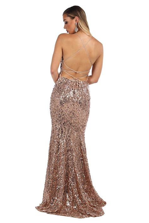 Leona Sequin Beaded Lace Up Gown Rose Gold Noodz Boutique