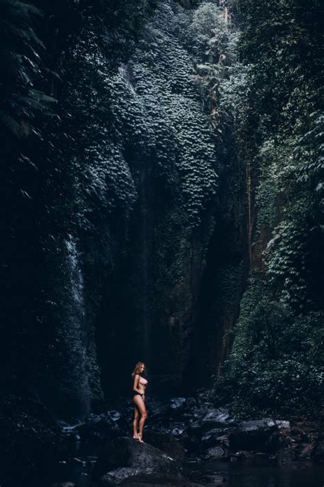 Beauty Woman Posing In Waterfall Bikini Amazing Nature