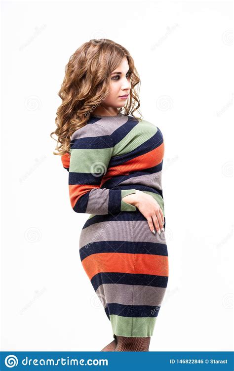 Plus Size Model In Colored Striped Dress Fat Woman On