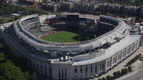 stock footage aerial video  approaching yankee stadium tilting  baseball field