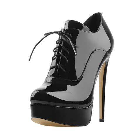 platform lace  stiletto high heels black patent leather ankle bootie onlymaker