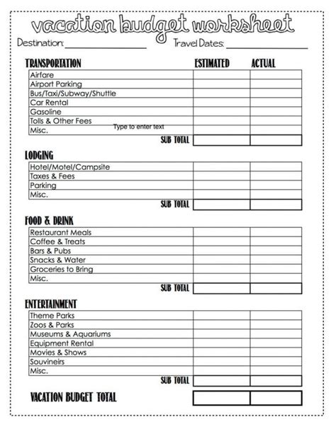 vacation budget planner template