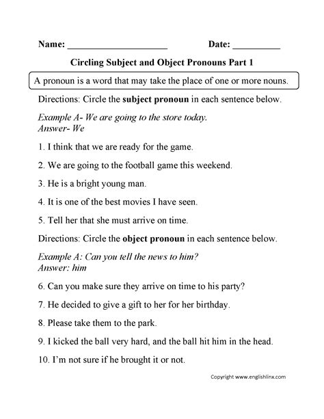 subject  object pronouns worksheets circling subject  object
