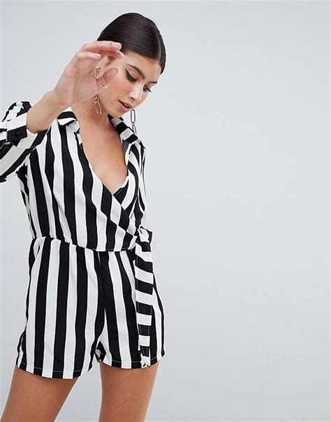 Missguided Wrap Front Stripe Romper Striped Playsuit Striped Rompers