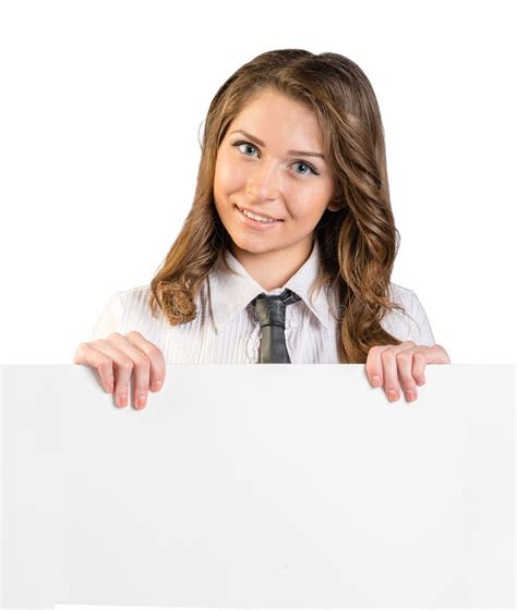young girl  tie holding blank white sheet  stock photo image
