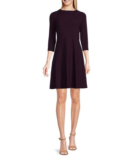 Tommy Hilfiger Silky Rib Knit Crew Neck 3 4 Sleeve Fit And Flare Dress