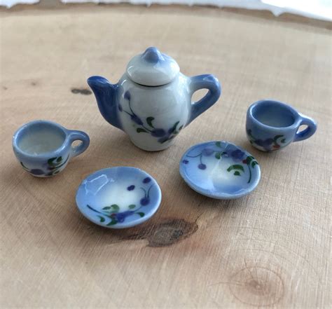miniature tea set blue  white ceramic  piece mini tea set dollhouse miniature  scale