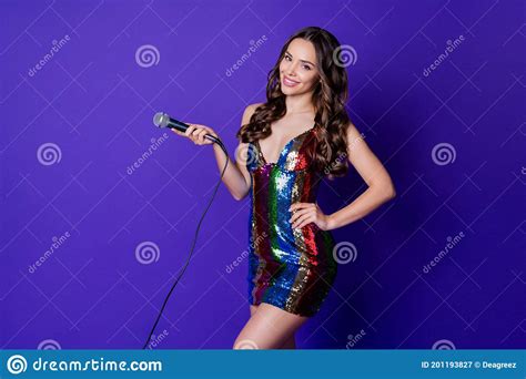 Photo Of Stunning Fancy Girl Hold Microphone Wear Glossy Skirt Isolated