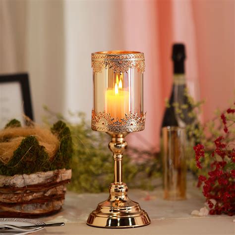 13 Tall Lace Design Gold Amber Hurricane Glass Candle