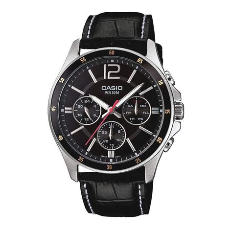 order casio enticer chronograph black dial mens  leather strap mtp  avdf