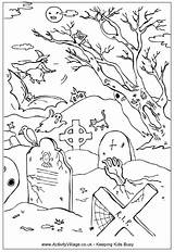 Halloween Coloring Graveyard Colouring Pages Grave Spooky Ghost Kids Cemetery Colour Print Sheets Adult Tombstones Book Haunted Activity Drawings Village sketch template