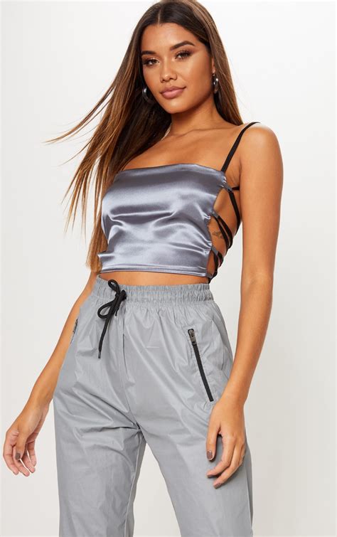 grey contrast satin backless crop top tops prettylittlething aus