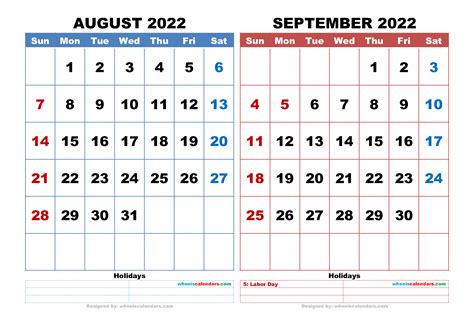august september  calendar printable